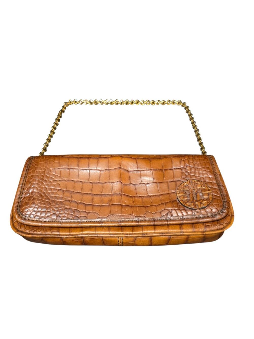 Antonio Melani Brown Croc Embossed Leather Chain Shoulder Bag Clutch Purse